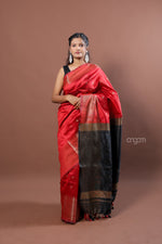 Load image into Gallery viewer, Elegant Red Art Dupion Silk Saree with Black Contrast Pallu