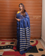 Load image into Gallery viewer, Royal Blue Art Silk Saree with Elegant Golden Striped Design