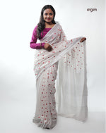 Load image into Gallery viewer, Elegant White Cotton Slub Saree with Delicate Red Heart Embroidery