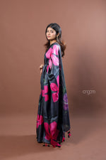 Load image into Gallery viewer, Black Tussar Digital Print Saree with Bold Pink Floral Design