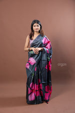 Load image into Gallery viewer, Black Tussar Digital Print Saree with Bold Pink Floral Design