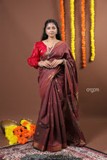 Load image into Gallery viewer, Elegant Brown Liva Saree with Zari Motifs and Border Design