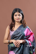 Load image into Gallery viewer, Black Tussar Digital Print Saree with Bold Pink Floral Design