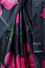 Load image into Gallery viewer, Black Tussar Digital Print Saree with Bold Pink Floral Design