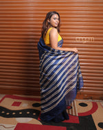 Load image into Gallery viewer, Royal Blue Art Silk Saree with Elegant Golden Striped Design