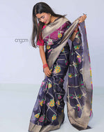 Load image into Gallery viewer, Elegant Black Organza Saree with Floral Design and Zari Border