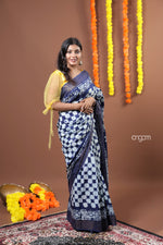 Load image into Gallery viewer, Elegant Navy Blue Kolika Mercerised Cotton Saree with White Prints