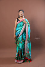 Load image into Gallery viewer, Stunning Green Linen Digital Print Saree with Contrasting Border