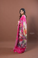 Load image into Gallery viewer, Elegant Pink Linen Digital Print Saree with Floral Motifs & Border