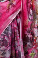 Load image into Gallery viewer, Elegant Pink Linen Digital Print Saree with Floral Motifs & Border