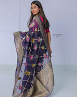 Load image into Gallery viewer, Elegant Black Organza Saree with Floral Design and Zari Border