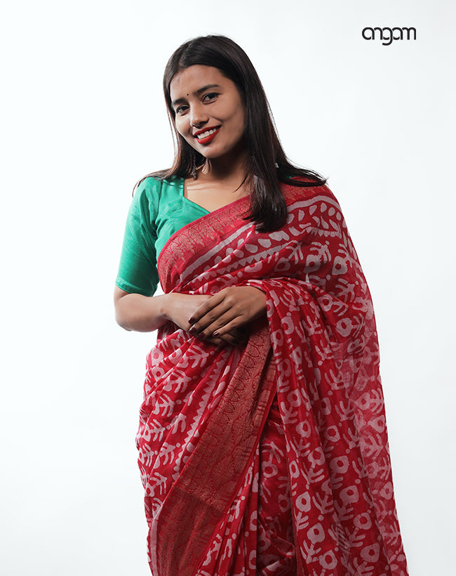Graceful Red Kota Viscose Saree with Intricate White Patterns