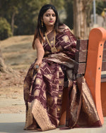 Load image into Gallery viewer, Rich Brown Organza Saree with Intricate Golden Zari Work Border