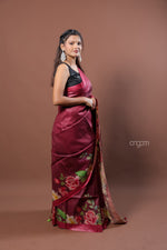 Load image into Gallery viewer, Kolika Ghicha Digital Print Saree in Maroon with Floral Elegance