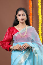 Load image into Gallery viewer, Sky Blue Organza Saree with Silver Zari Border – Ethereal Elegance