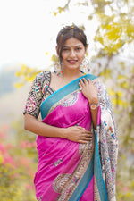 Load image into Gallery viewer, Pink and Blue Malbari Silk Saree with Elephant Motifs