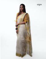 Load image into Gallery viewer, Elegant White Linen Saree with Golden Border and Striped Pallu