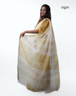 Load image into Gallery viewer, Elegant White Linen Saree with Golden Border and Striped Pallu