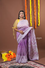 Load image into Gallery viewer, Elegant Lavender Cotton Slub Saree with Intricate White Prints Design
