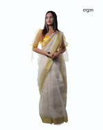 Load image into Gallery viewer, Elegant White Linen Saree with Golden Border and Striped Pallu
