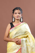 Load image into Gallery viewer, Elegant Yellow Linen Saree with Subtle Silver Stripes and Border