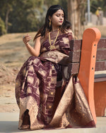 Load image into Gallery viewer, Rich Brown Organza Saree with Intricate Golden Zari Work Border