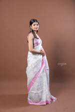 Load image into Gallery viewer, White and Pink Linen Digital Print Saree with Border