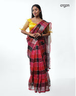 Load image into Gallery viewer, Elegant Multicolor Checked Linen Saree with Tassel Detailing and Shine