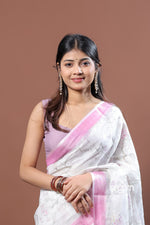 Load image into Gallery viewer, White and Pink Linen Digital Print Saree with Border