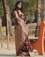 Load image into Gallery viewer, Rich Brown Organza Saree with Intricate Golden Zari Work Border