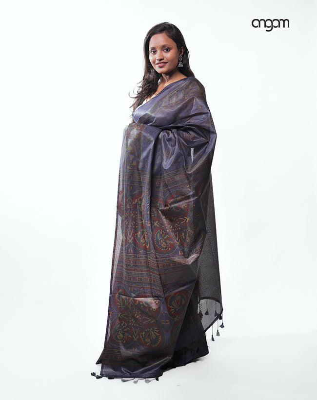 Graceful Black and Blue Kota Viscose Saree with Ethnic Prints