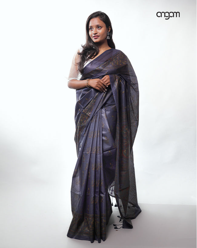 Graceful Black and Blue Kota Viscose Saree with Ethnic Prints