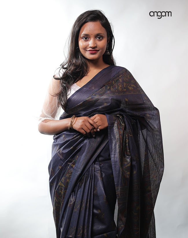 Graceful Black and Blue Kota Viscose Saree with Ethnic Prints