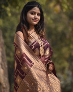 Load image into Gallery viewer, Rich Brown Organza Saree with Intricate Golden Zari Work Border