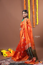 Load image into Gallery viewer, Vibrant Orange Art Dupion Saree with Floral Motifs and Border