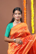 Load image into Gallery viewer, Vibrant Orange Art Dupion Saree with Floral Motifs and Border