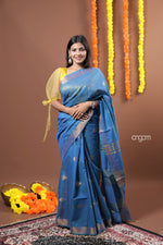 Load image into Gallery viewer, Elegant Blue Liva Saree with Golden Zari and Flowing Drape