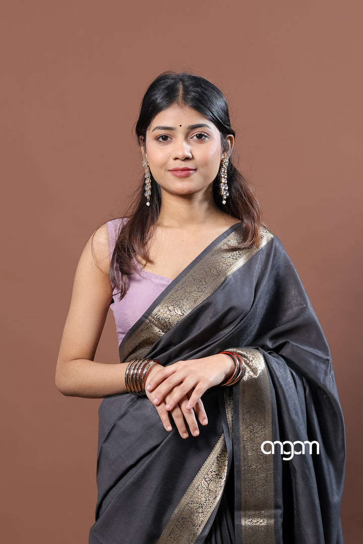Liva Elegant Black Saree with Golden Zari Border for Grace
