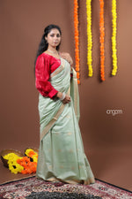 Load image into Gallery viewer, Graceful Light Green Liva Saree with Golden Border and Elegance
