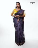 Load image into Gallery viewer, Luxurious Purple Liva Cotton Saree with Golden Striped Accents