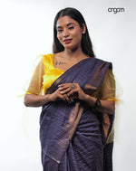 Load image into Gallery viewer, Luxurious Purple Liva Cotton Saree with Golden Striped Accents