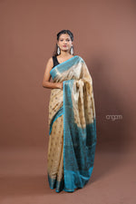 Load image into Gallery viewer, Banswara Handwoven Beige Saree with Blue Zari Border Elegance