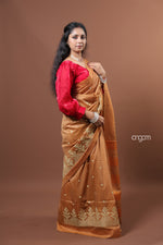 Load image into Gallery viewer, Banswara Brown Cotton Silk Saree with Elegant Golden Embroidery