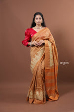 Load image into Gallery viewer, Banswara Brown Cotton Silk Saree with Elegant Golden Embroidery