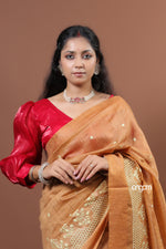 Load image into Gallery viewer, Banswara Brown Cotton Silk Saree with Elegant Golden Embroidery
