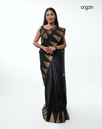Load image into Gallery viewer, Sophisticated Black Liva Cotton Saree with Gold Temple Motifs
