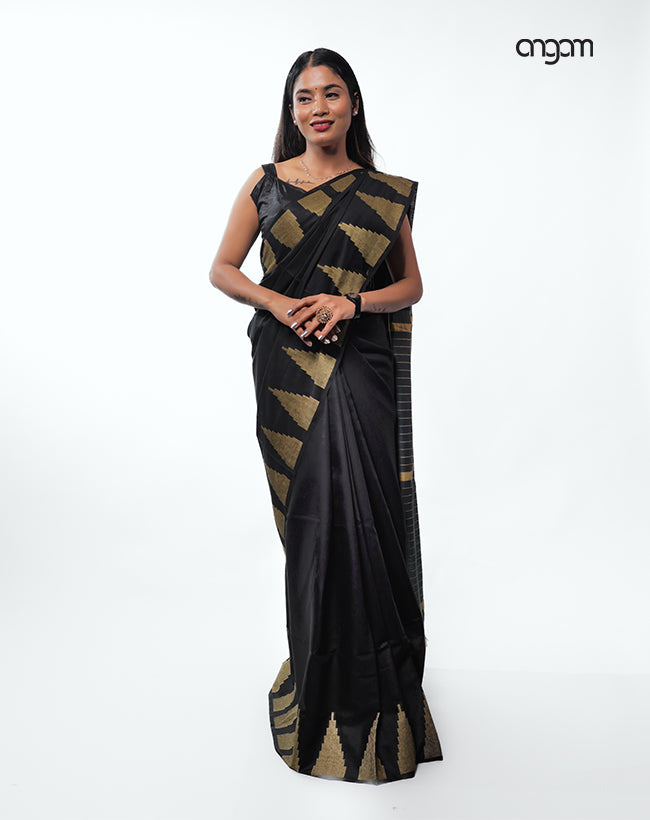 Sophisticated Black Liva Cotton Saree with Gold Temple Motifs