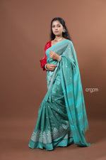 Load image into Gallery viewer, Banswara Green Cotton Silk Saree with Exquisite White Embroidery Design
