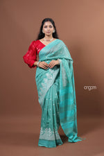 Load image into Gallery viewer, Banswara Green Cotton Silk Saree with Exquisite White Embroidery Design