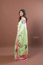 Load image into Gallery viewer, Light Green Tussar Digital Print Saree with Pink Border